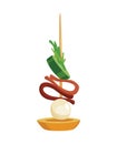 Canape of appetizer with toppings. Snack for party, cold food on wooden stick. Canape for buffet, icon isolated on white Royalty Free Stock Photo