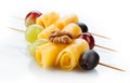 Canape with cheese, grape, olive and nuts Royalty Free Stock Photo