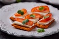 Canape  from  crackers with soft  cheese stracchino Royalty Free Stock Photo