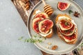 Canape, crostini or bruschetta with fresh figs, cream cheese and honey. place for text, top view