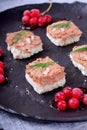 Canape with foie gras on the black plate Royalty Free Stock Photo