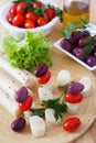 Canape of Heart of palm (palmito), cherry tomatos, olives Royalty Free Stock Photo