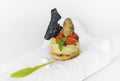 Canape with mussed potato, roasted eggplant, roasted red pepper, fritter, olive oil and crispy squid ink on green sauce Royalty Free Stock Photo
