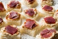 Canape with Pastrami / Pastirma Ham and Hummus on Small Square Bread. Royalty Free Stock Photo