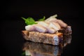 canape of pieces of salted herring with onions on a fresh dark piece of bread.