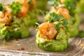 Canape with prawn, cucumber and avocado guacamole, party food, finger food