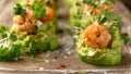 Canape with prawn, cucumber and avocado guacamole, party food, finger food