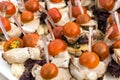 Canape on a skewer of tomatoes, cucumbers, meat, cheese, cream, greens