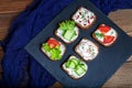 Canape with vegetables. Cucumber, radishes, lettuce and lettuce.