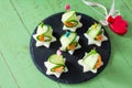 Canape with white bread, cucumber, ricotta and royal prawn on a festive table. Valentine`s day concept or wedding