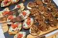 Canapes and appetizers on a table, close up. Catering service buffet