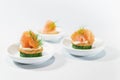 Canapes as party finger food for the cold buffet made from cucumber, crackers, cream cheese, smoked salmon and dill on small white Royalty Free Stock Photo