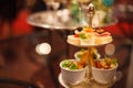 Canapes Assortment on silver tray on table background. Hotel venue restaurant food catering service buffet, cocktail banquet for w Royalty Free Stock Photo