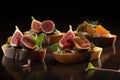 Canapes with cheese, figs and honey on a dark background, Generative AI