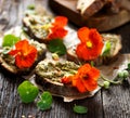 Canapes with herb pesto and edible nasturtium flowers Royalty Free Stock Photo