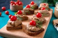 Canapes with rye bread, liver pate, cherry tomatoes. Breakfast snack Royalty Free Stock Photo