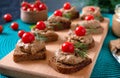 Canapes with rye bread, liver pate, cherry tomatoes. Breakfast snack
