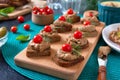 Canapes with rye bread, liver pate, cherry tomatoes. Breakfast snack Royalty Free Stock Photo