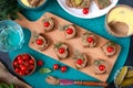 Canapes with rye bread, liver pate, cherry tomatoes. Breakfast snack. Top view