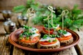 Canapes with rye bread, salted herring fillet, mustard, onion, tomato Royalty Free Stock Photo