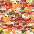 Canapes on seamless texture, appetizer gourmet food, bread, olives and fish dinner in restaurant, cartoon vector
