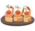 Canapes, snacks with shrimp on wooden stick, lie on plate. shrimp on skewers. vector illustration of food and snacks on white