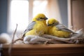 canary couple nesting with soft feathers