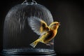 Canary escapes from bird cage. Freedom and open mind concept, generative Ai