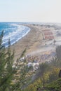 Canary islands Concepts. View of Playa del Ingles Beach in Maspalomas Located in Gran Canaria with Sand Gales and Chairs Royalty Free Stock Photo