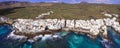 Canary islands travel. Lanzarote, Punta Mujeres traditional fishing village. aerial drone view. Royalty Free Stock Photo