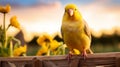 Happy Canary Poses On Farm Fence Post With Lush Cornfield Background