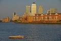 Canary Wharf background taken from Wapping with boat on foreground