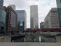 Canary Wharf, East London skyline of high rise buildings.