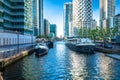 Canary Wharf financial district of London skyscrapers and canal view Royalty Free Stock Photo