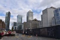 Canary Wharf London with original West India Dock buildings.