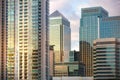 Canary Wharf office buildings at sunset, London Royalty Free Stock Photo