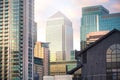 Canary Wharf office buildings at sunset, London Royalty Free Stock Photo