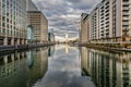 Canary Wharf riverscape at sunset in London Royalty Free Stock Photo