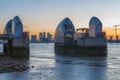 Canary wharf and Thames Barrier at dusk, London UK Royalty Free Stock Photo