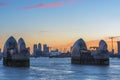 Canary wharf and Thames Barrier at dusk, London UK Royalty Free Stock Photo