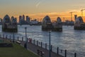 Canary wharf and Thames Barrier at dusk, London UK Royalty Free Stock Photo