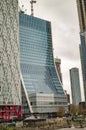 Canary wharf with thames in london and construction of buildings