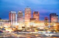 Canary Wharf view at night with traffic lights reflections Royalty Free Stock Photo