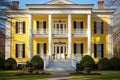 a canary yellow greek revival mansion with a grand porch