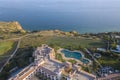 Luxuory resort in Portuguese southern golden coast cliffs. Aerial view over city of Lagos in Algarve, Portugal