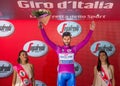 Canazei, Italy May 24, 2017: Fernando Gaviria, in purple jersey of the best sprinter