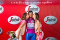 Canazei, Italy May 24, 2017: Fernando Gaviria, in purple jersey of the best sprinter