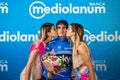 Canazei, Italy May 24, 2017: Mikel Landa, in blue jersey, on the podium after a hard montain stage