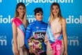 Canazei, Italy May 24, 2017: Mikel Landa, in blue jersey, on the podium after a hard montain stage