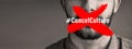 Cancel culture, man and protest sign on mouth with censorship for bullying, violence and social media with mockup space